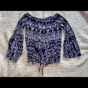 Blue and White Off the Shoulder Blouse